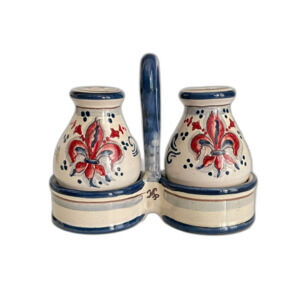 Vtg Italian Giglio Fiorentino Handpainted Pottery Salt & Pepper Shakers & Caddy
